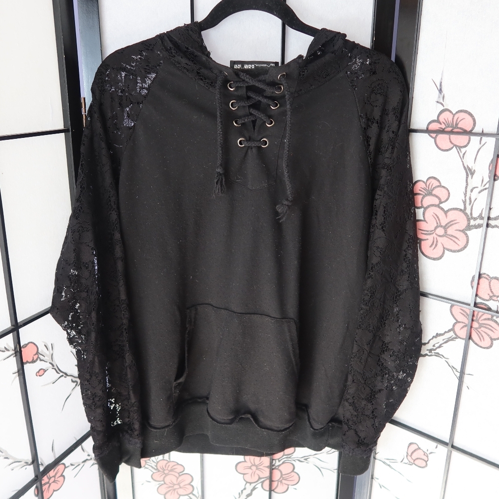 Zanzea Black Lace-Up Lace Hoodie And Lace Sleeves Size XXL